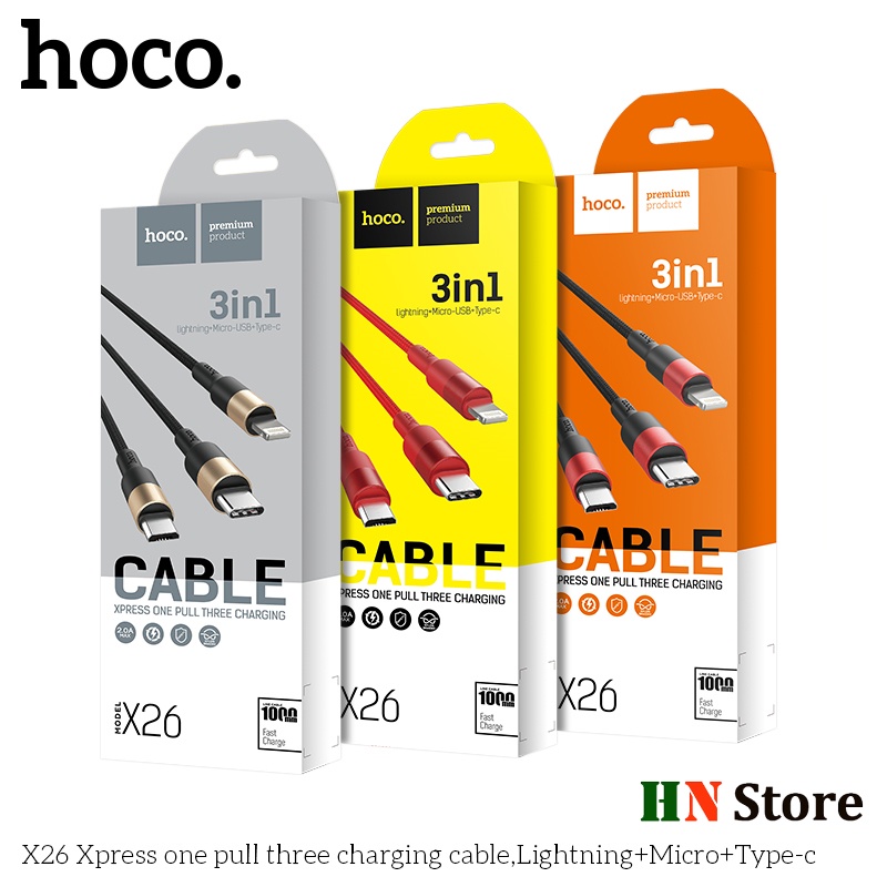 Dây Cáp Sạc đa năng Hoco X26 3 đầu IP/ MicroUsb/Type C, dây dù siêu bền, chống đứt dài 1m