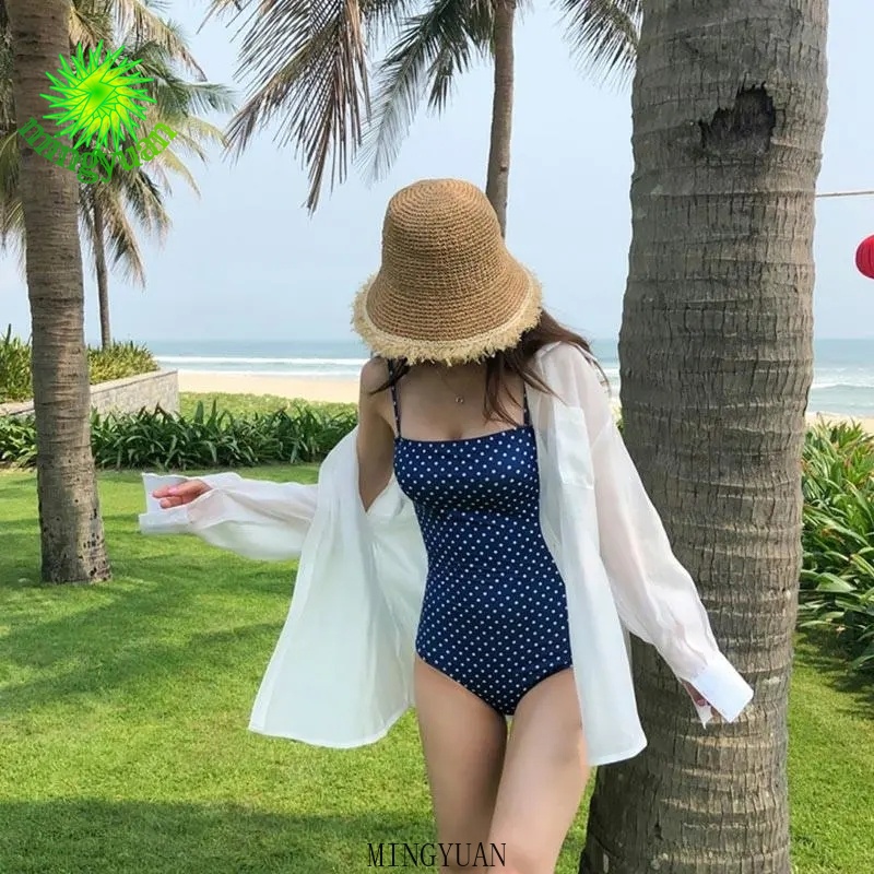 Bộ Đồ Bơi Một Mảnh Che Bụng Họa Tiết Chấm Bi Màu Xanh Dương Thời Trang Quyến Rũ Cho Nữ