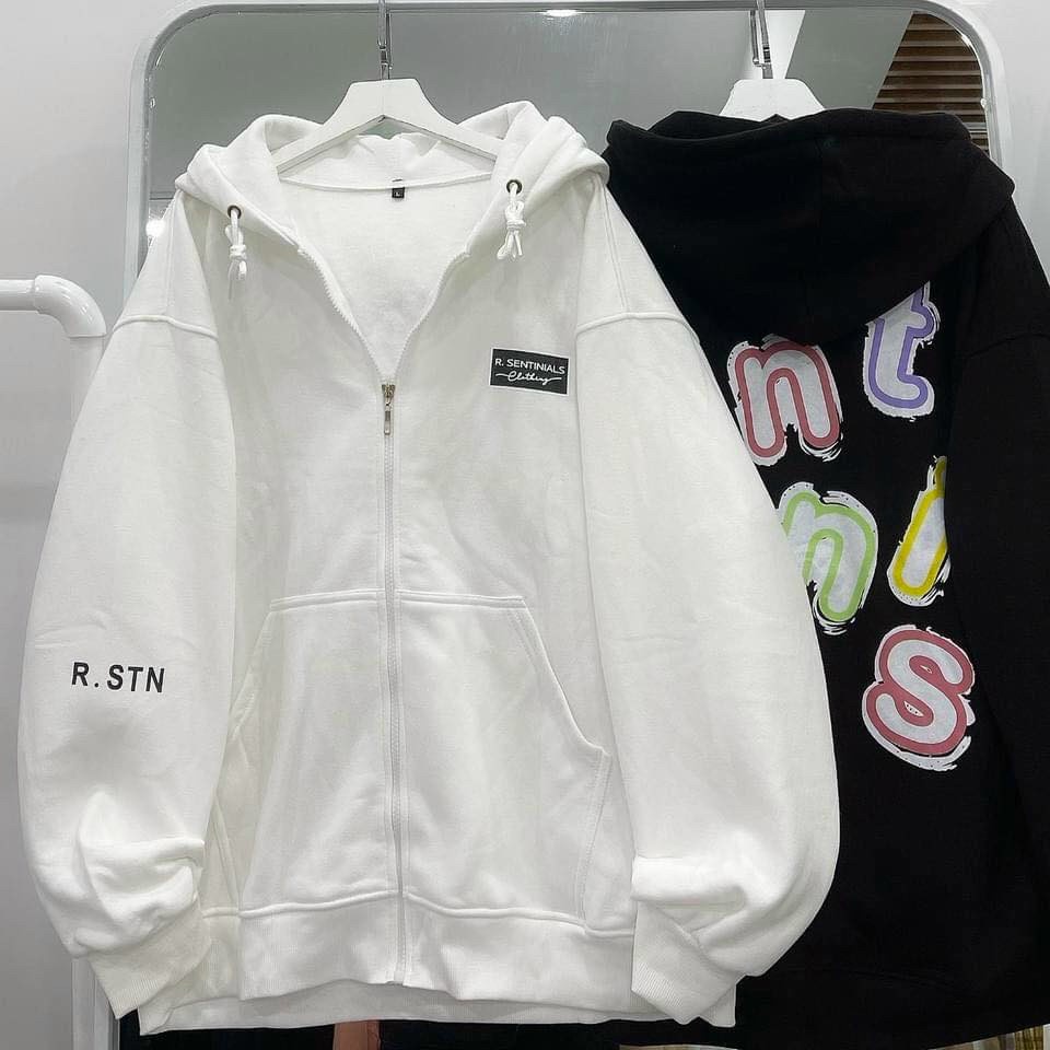 Áo khoác nam nữ Hoodie nỉ trơn Basic in chữ màu form rộng tay bồng khóa kéo có mũ Ulzzang giá rẻ couple