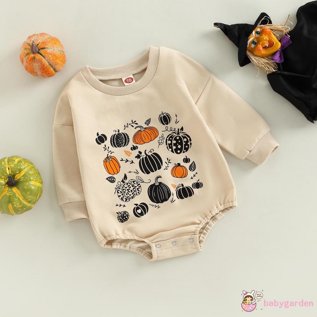 Áo Liền Quần Tay Dài In Họa Tiết Bí Ngô Phong Cách Halloween Cho Bé 0-24 Tháng Tuổi