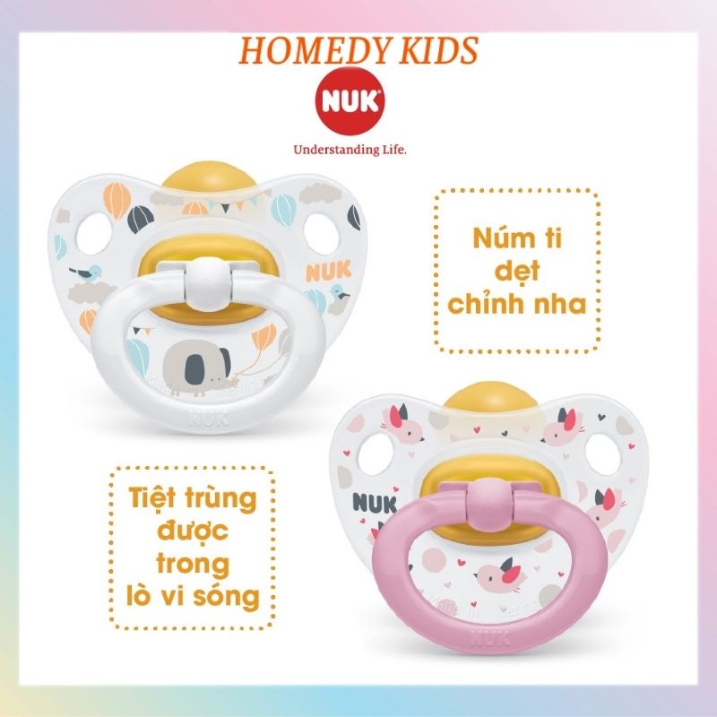 Ti giả cho bé chống vẩu chỉnh nha NUK Happykids ty giả cao su mềm dẻo bộ 2 cái 0-6-18 tháng Homedy Kids TGNUK02