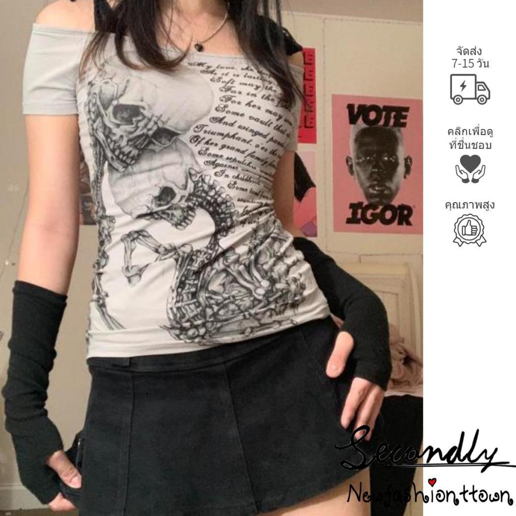 Áo Thun Trễ Vai In Chữ Và Đầu Lâu Phong Cách Gothic Thời Trang Cho Nữ Y2K