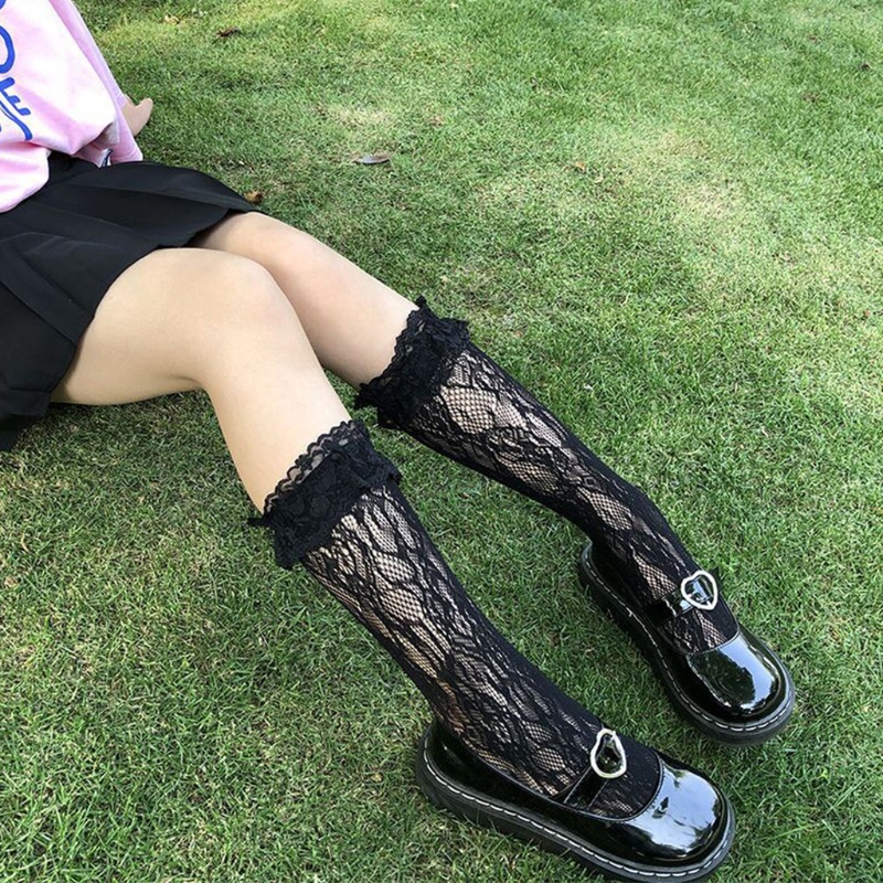 Vớ lưới cổ cao phối ren nhún bèo họa tiết trái tim phong cách lolita Nhật Bản ngọt ngào dành cho nữ | BigBuy360 - bigbuy360.vn