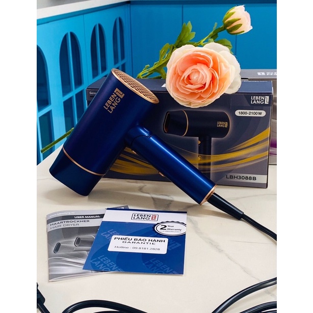 Máy sấy tóc ion gấp gọn 2100W Lebenlang, màu mới: tím, xanh saphire và rose gold, bảo hành 2 năm