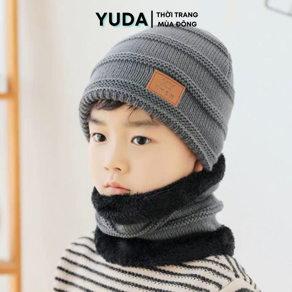 Mũ len cho bé trai hàn quốc kèm khăn quàng cổ YUDA nón len cho bé trùm đầu mùa đông giữ ấm tốt