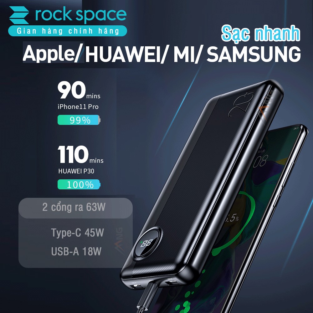 Pin sạc dự phòng Rockspace P75 20.000mAh 63W  sạc được laptop hỗ trợ sạc nhanh chuẩn PD cho iphone,QC cho Samsung