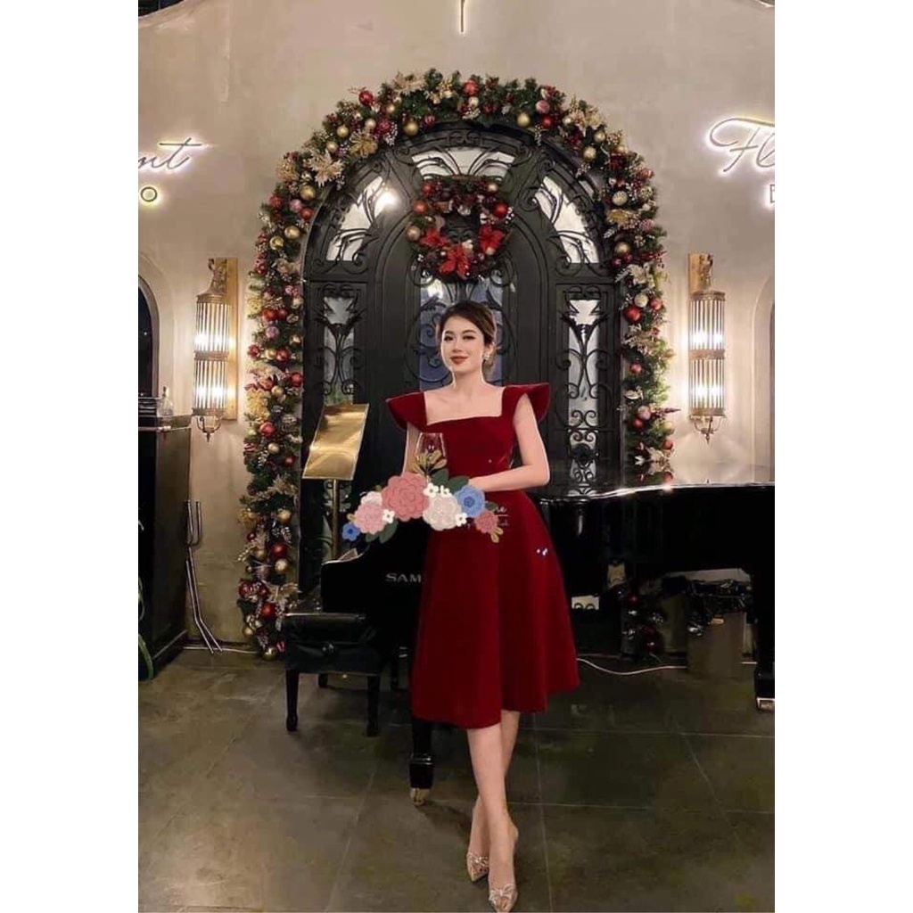 Đầm đỏ dáng xòe, đầm vải nhung mà đỏ xinh xắn diện noel Rosabela Dress