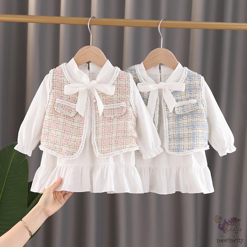 Bộ Đầm Dài Tay + Áo Khoác Vest Phong Cách Hàn Quốc Siêu Đáng Yêu Dành Cho Bé Gái