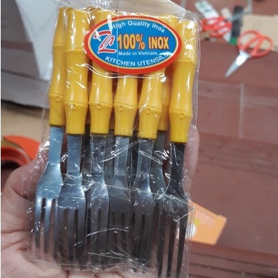 Sét 10 dĩa inox xiên hoa quả thực ăn cán nhựa hình cây trúc dài 12,5cm tiện dụng