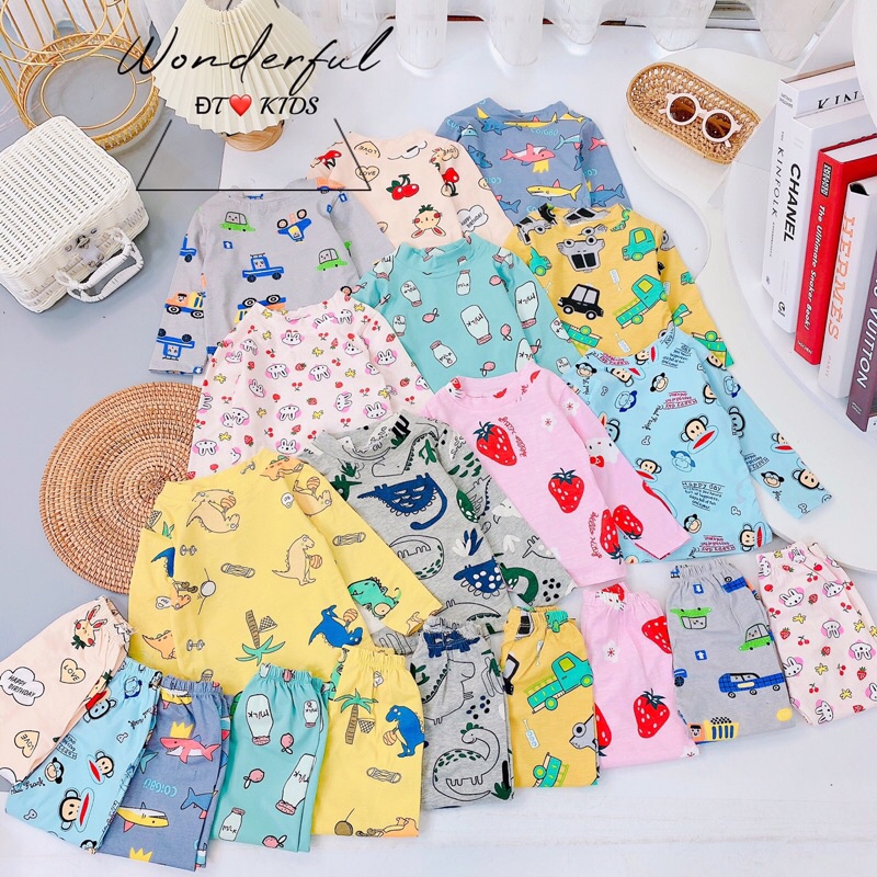 Bộ Đồ Thu Đông Dài Tay, Bộ Áo Dài Tay Cotton Mềm Hoạ Tiết Ô Tô, Khủng Long, Cá Mập, Dâu Tây, Cherry Cho Bé Trai, Bé Gái