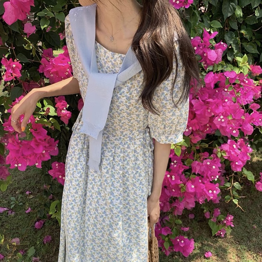 Váy hoa nhí thắt nơ sườn không kèm khăn Ulzzang style 🌸 Hàng Quảng Châu
