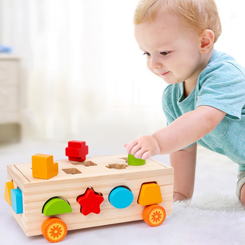 Đồ chơi xe thả hình khối bằng gỗ cho bé - Đồ chơi montessori cho bé