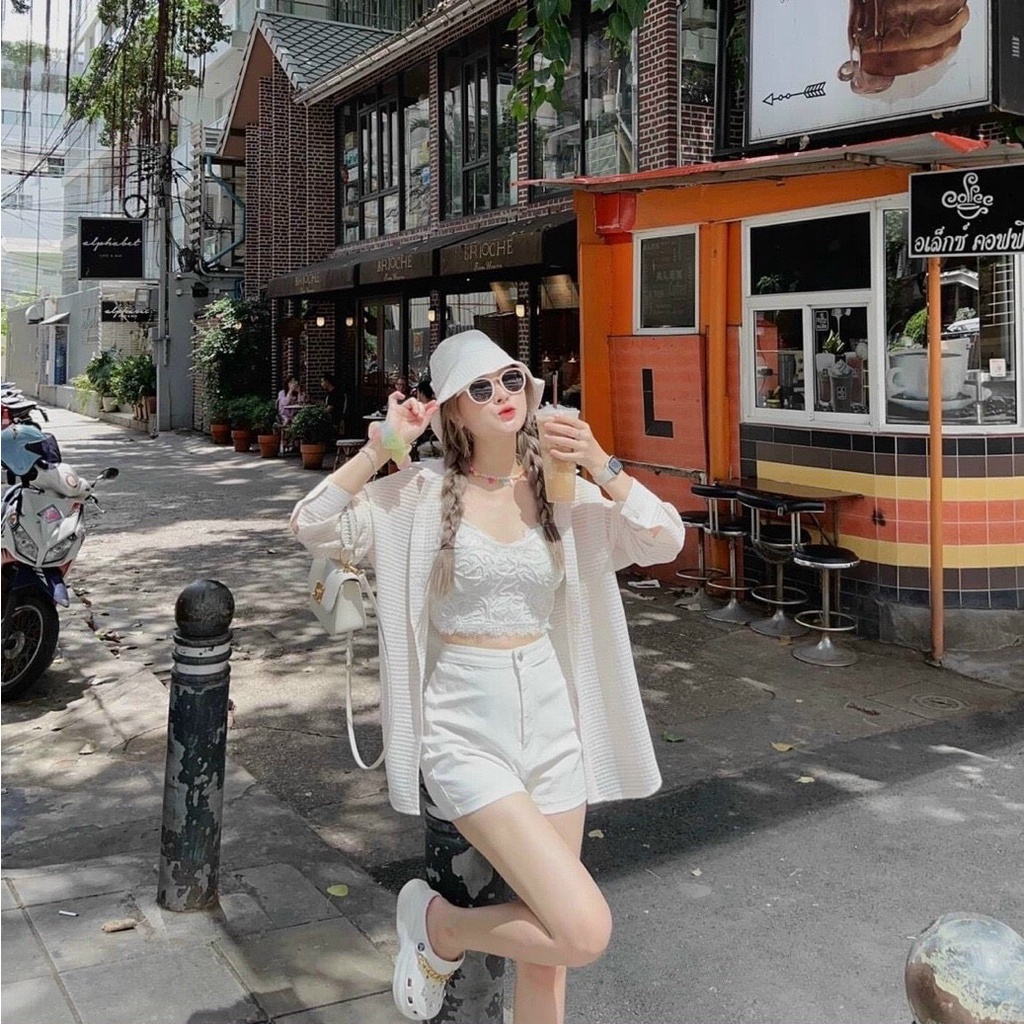 Sét bộ thời trang nữ mặc đi chơi áo sơ mi xốp có lót bara ren mix quần đùi for dễ thương