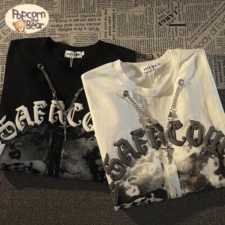 ♣Áo Thun Phong Cách Mỹ Cá Tính♣Áo Thun Tay Ngắn Dáng Rộng In Hình Chữ Thập/Gấu Phong Cách Hip Hop Đường Phố Dành Cho Nam