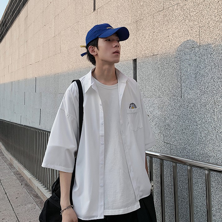 Korean Style Chrysanthemum Embroidery Short Sleeve Shirt For Men | BigBuy360 - bigbuy360.vn