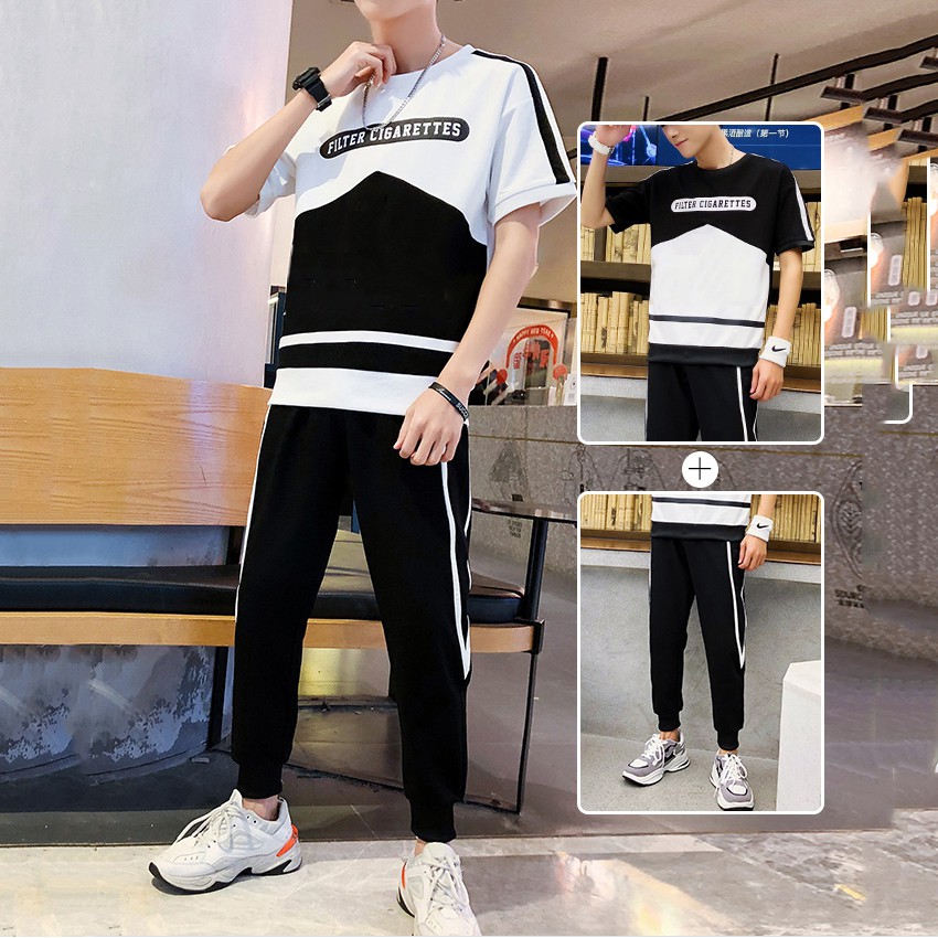 Bộ Quần Áo Thun Nam Ngắn Tay Phối Hai Màu Đen Trắng Quần Dài Phối Sọc Thời Trang Đường Phố SET NAM 90000110C2