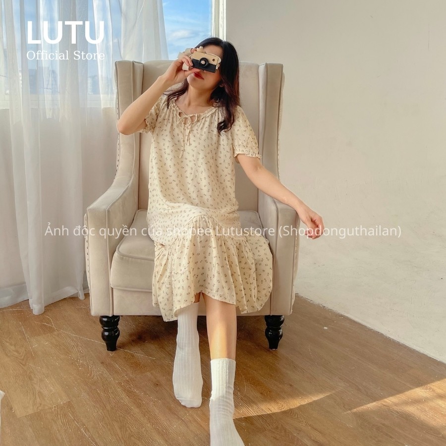 Đầm Váy Hoa Nhí Tơ Đũi Tay Ngắn Cổ Bèo Nơ Vintage Siêu Xinh