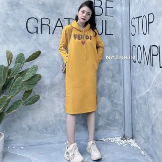 Đầm suông nữ dài tay có mũ in chữ fendi chất đẹp