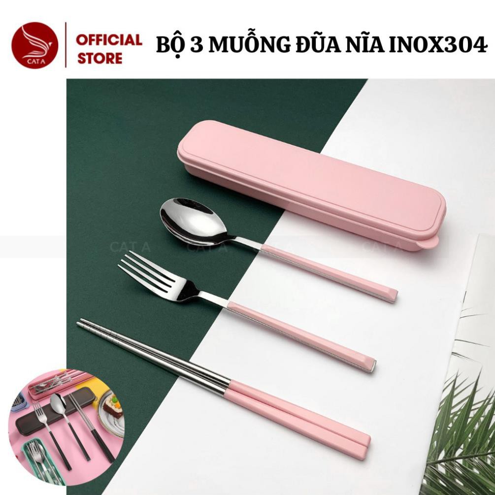 Bộ 3 MUỖNG ĐŨA NĨA INOX304 cá nhân có hộp đựng cao cấp- Hộp thìa dĩa văn phòng, du lịch tiện dụng, Màu Pastel!