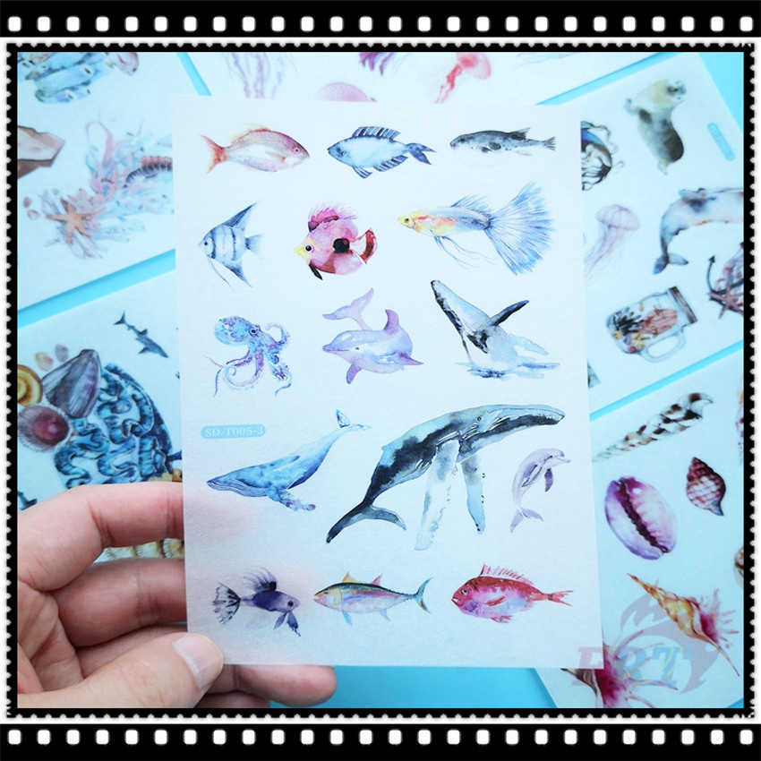 ❀ Hình Dán Thế Giới Biển Washi ❀ Set 6 Tấm Sticker Dán Trang Trí Thời Trang