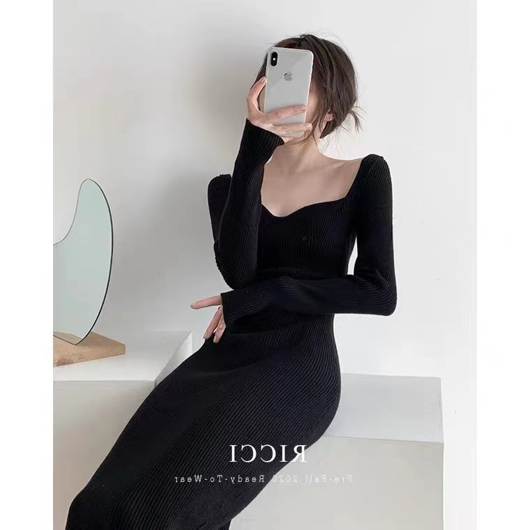 DUNEA Đầm dệt kim đen dáng ôm dài thời trang dành cho nữ