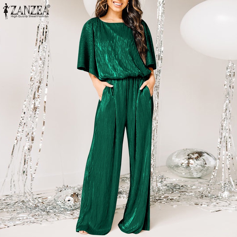 Áo liền quần ZANZEA tay lửng ống rộng lưng thun thời trang cho nữ