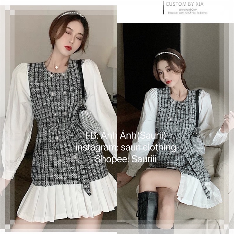 🖤Đầm tiểu thư dạ tweet phối chân xoè xếp li đuôi cá kèm đai belt xinh xắn/Đầm ulzzang caro bánh bèo vintage retro