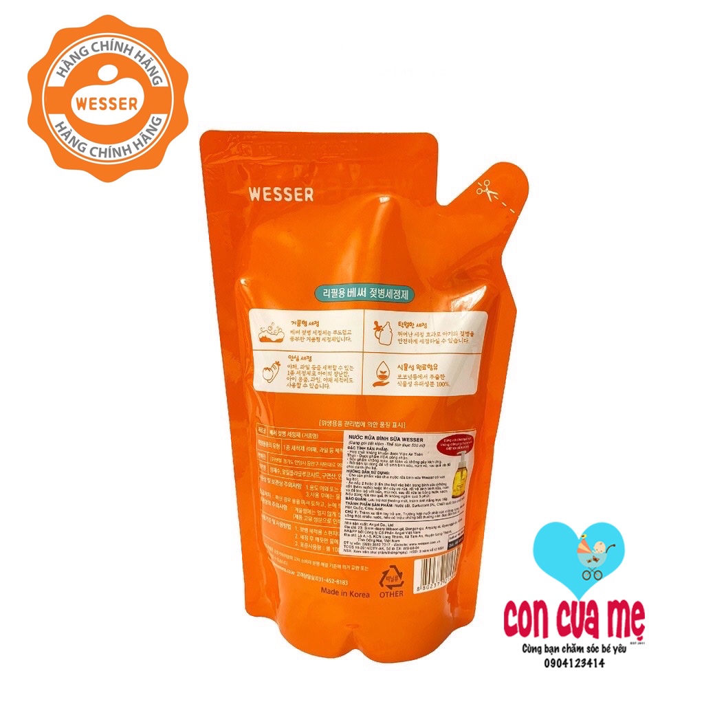 [Mẫu mới Date 2025] Chai/Túi nước rửa bình sữa Wesser 500ml