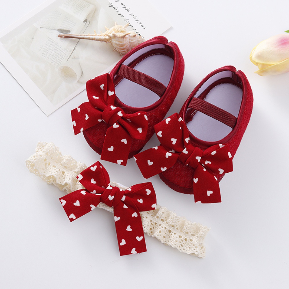 Set băng đô và giày tập đi đế mềm chống trượt đính nơ cho bé gái 0-18 tháng tuổi