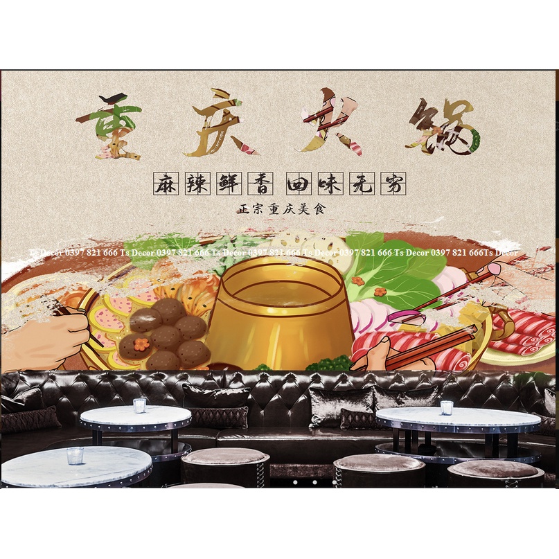 Tranh dán tường vải lụa 3D giành cho nhà hàng lẩu nướng