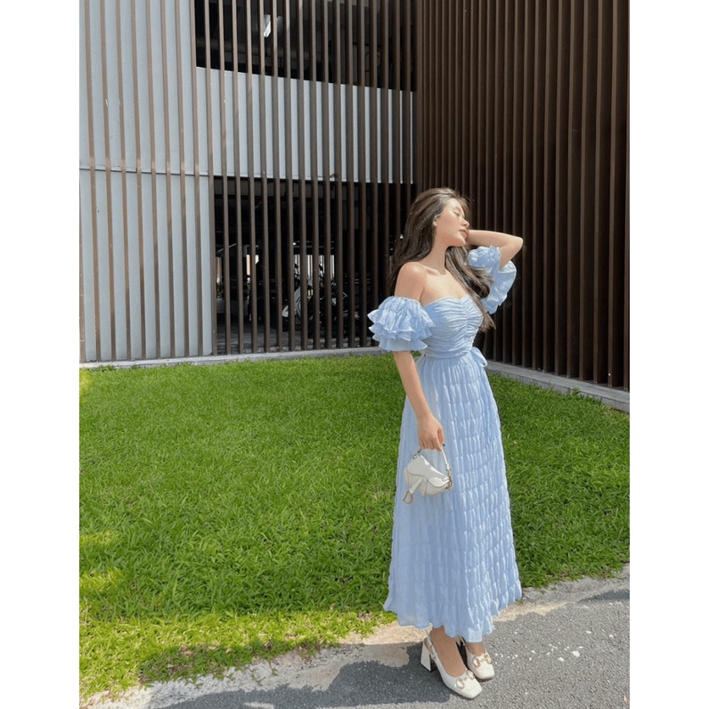 (Free Ship) ĐẦM MAXI XỐP NHÚN TRỄ VAI CÓ LÓT CÓ MÚT DÁNG SUÔNG CỰC TÔN DÁNG UP h.h.p