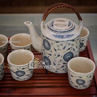 Bộ ấm chén tích Bát Tràng vẽ hoa dây men rạn cổ