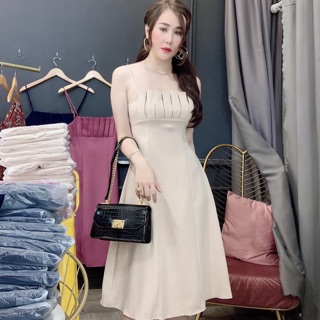 Đầm dây cúp ngực xếp li chanh xả