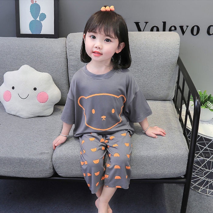 Bộ Đồ Ngủ Tay Ngắn Bằng Lụa Lạnh Thoải Mái Phong Cách Hàn Quốc Cho Bé Tw