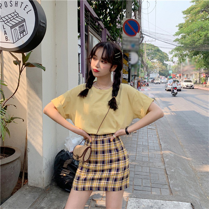 Women Fashion Stitching Color Lattice High Waist Skirt Slim A Line Skirt | BigBuy360 - bigbuy360.vn