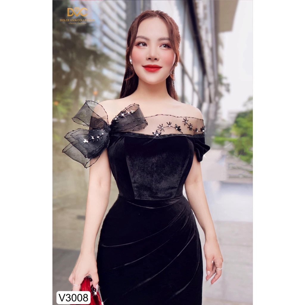 V3008 Váy đen nhung  váy ôm body nhún eo trễ vai dự tiệc sang chảnh  Dolce viva colection