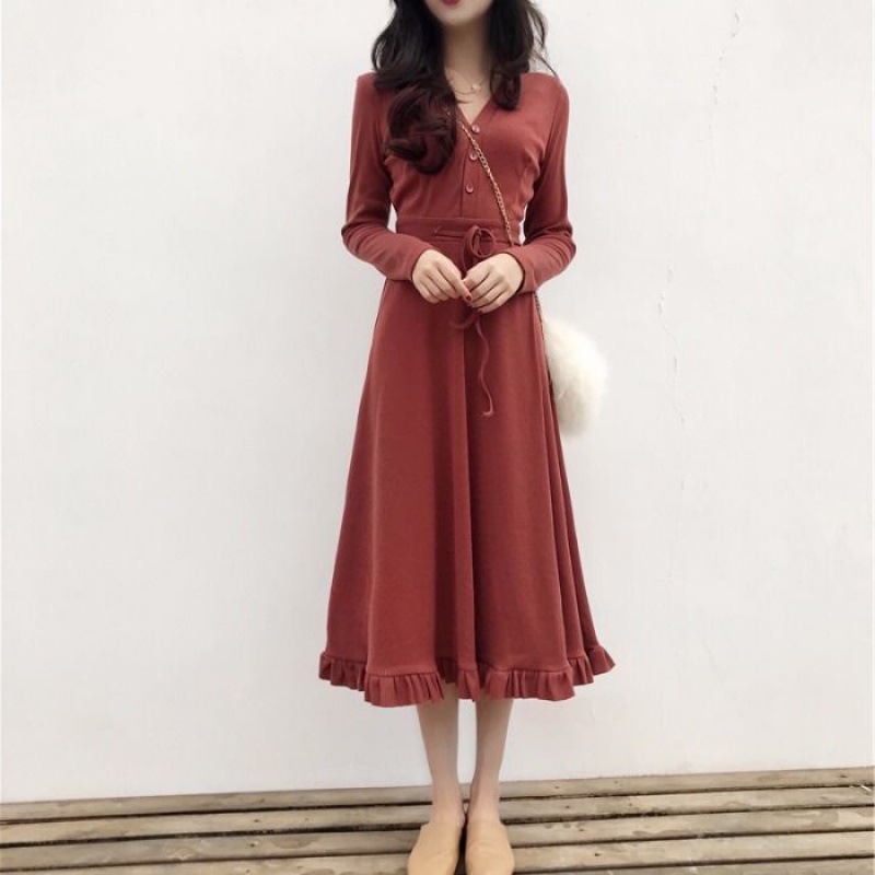 Đầm Nữ Tay Dài Cổ Chữ V Nhấn Eo Phong Cách Hàn Quốc