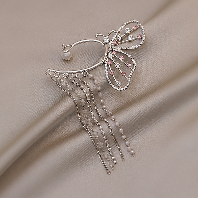 [Women Korean Elegant Pearl Butterfly Tassel Ear Clips] [Ladies Bohemia Rhinestone Statement Drop Earrings] [Korean INS Simple Style Wedding Party Ear Jewelry]