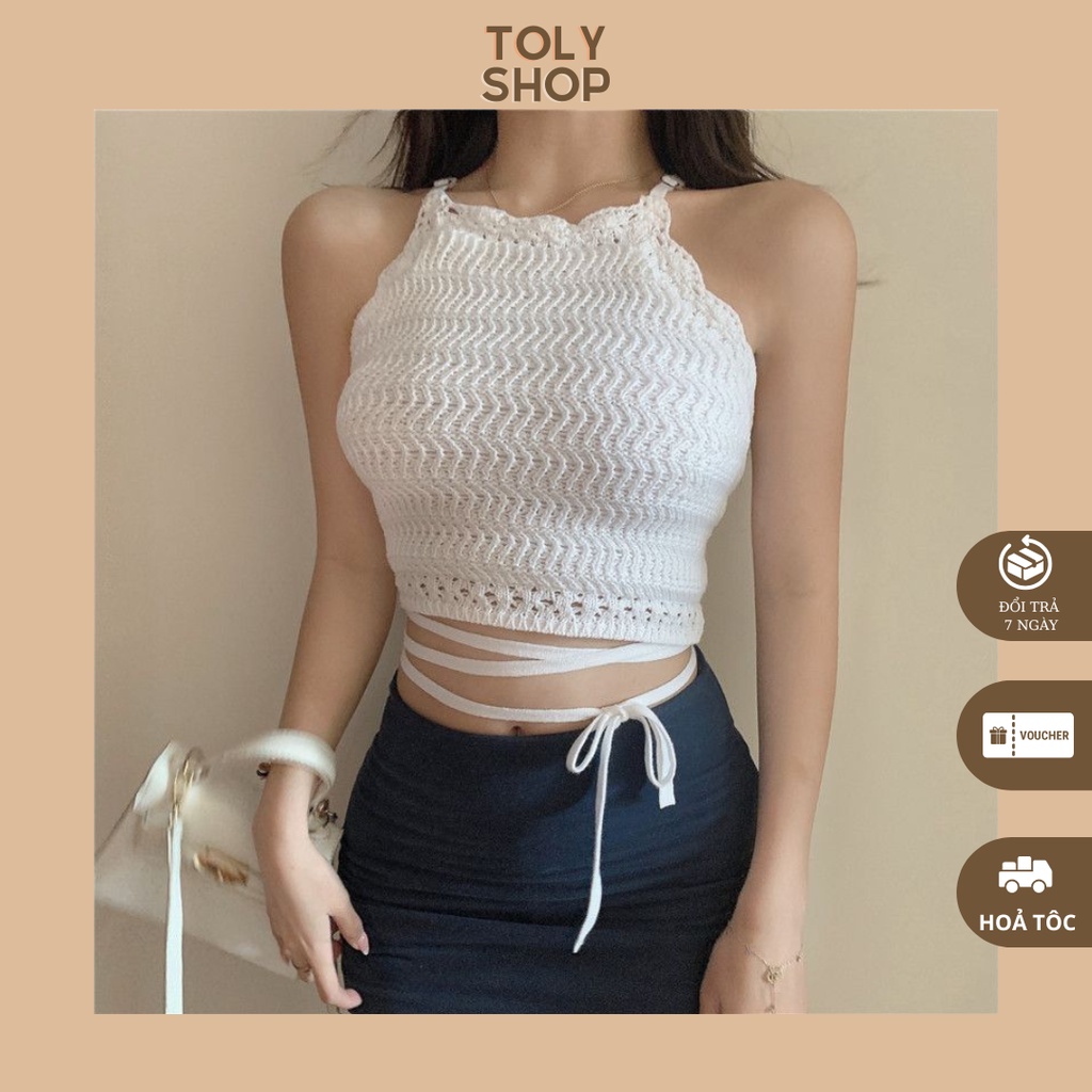 Áo croptop cổ yếm dây rút sexy dệt kim thời trang cho nữ màu trắng (hàng có sẵn) - TOLYSHOP