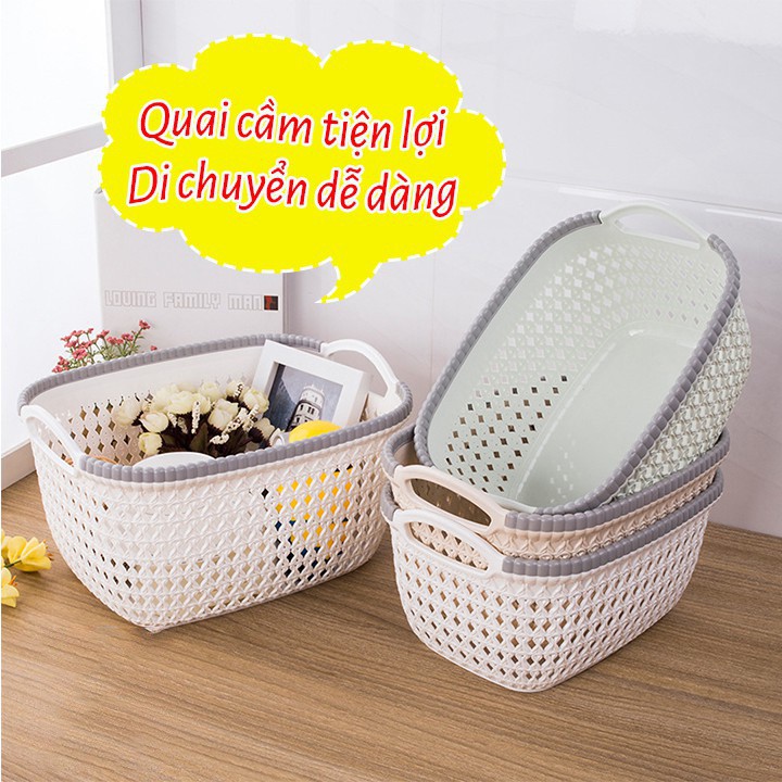 { HÀNG CAO CẤP } Rổ nhựa giả đan mây có quai cầm đủ kích cơ phong cách Hàn quốc