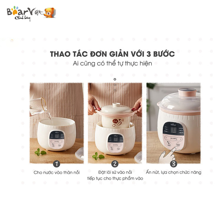 NỒI NẤU CHÁO, NINH, HẦM, HẤP CÁCH THUỶ 6 IN 1, Nồi Nấu Chậm Đa Năng 2 Tầng BEAR 0,8L SUBE001 [Hàng Chính Hãng]