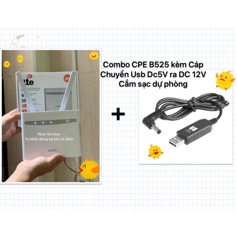 Combo bộ phát wifi 4G CPE B525 và cáp chuyển nguồn Usb cắm sạc dự phòng
