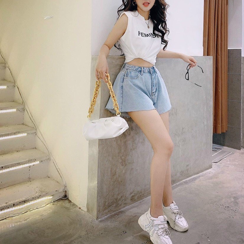 Quần sooc bò jean nữ cạp cao ống rộng, Quần short bò nữ phong cách Hàn Quốc style 2022 | BigBuy360 - bigbuy360.vn