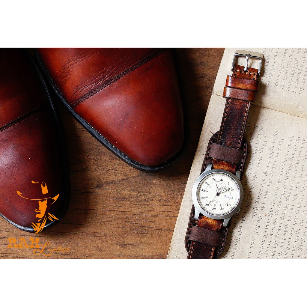 Combo Dây đồng hồ RAM Leather vintage da bò Italia Vegtan mahogany kiểu quân đội RAM Leather B2 1970