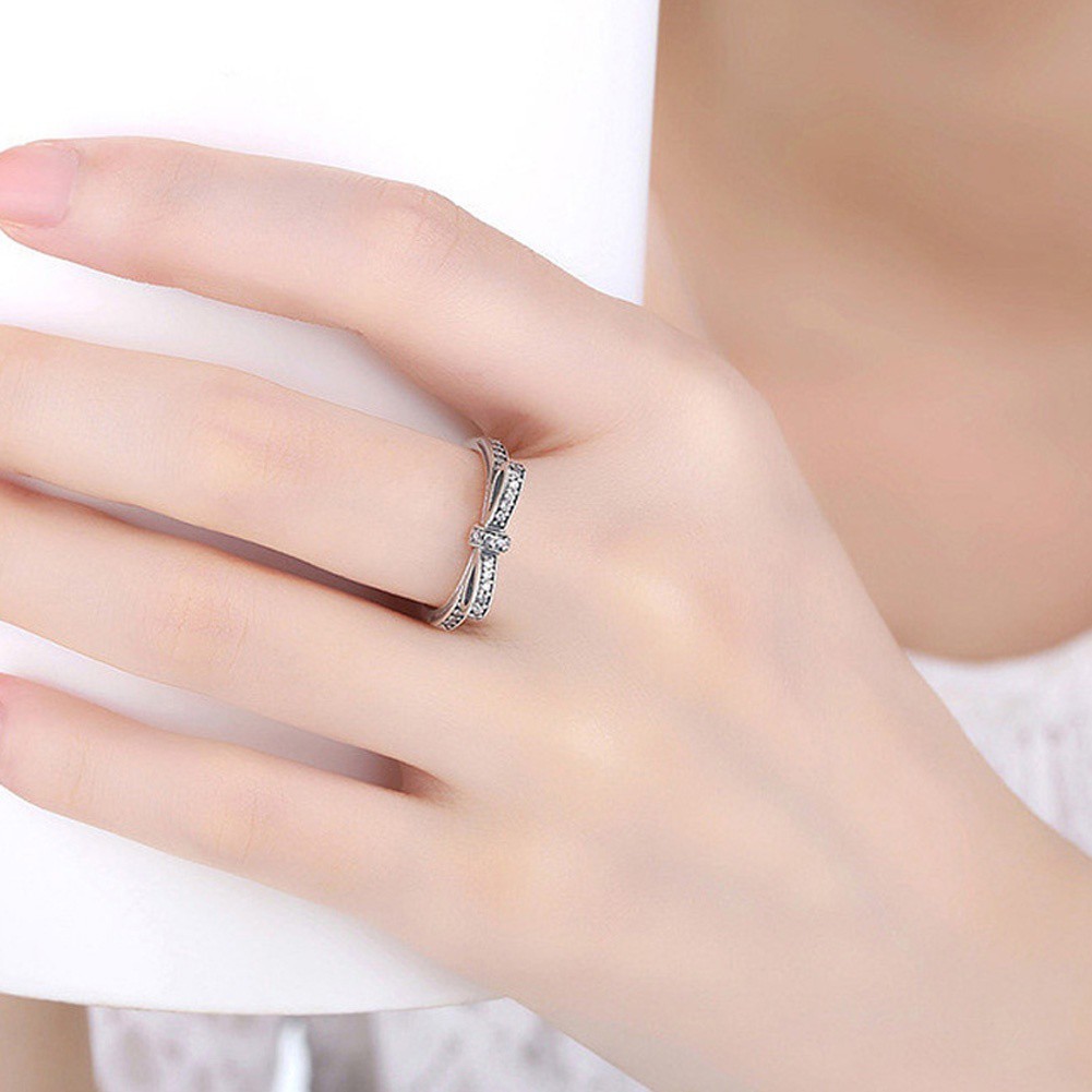 Nhẫn bạc mặt nơ đính đá pha lê kích cỡ 6-10 thời trang