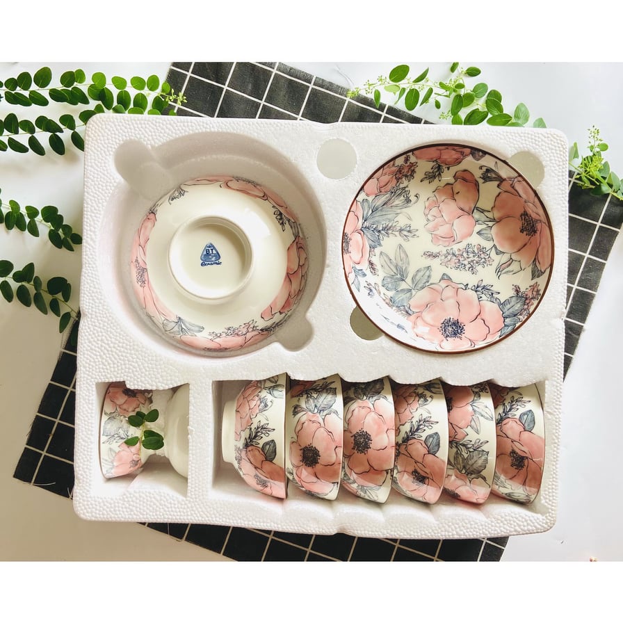 Bộ đồ ăn 11 món gốm sứ Bát Tràng cao cấp gồm đĩa, tô, chén, hoa văn sang trọng, độc đáo - thiết kế mới lạ