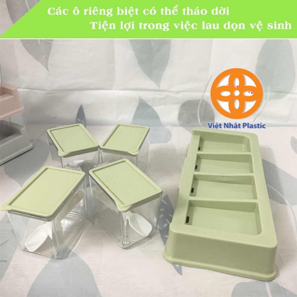 Set 4 hũ đựng gia vị nhựa Việt Nhật, hũ gia vị nhựa có nắp kèm muỗng 2939