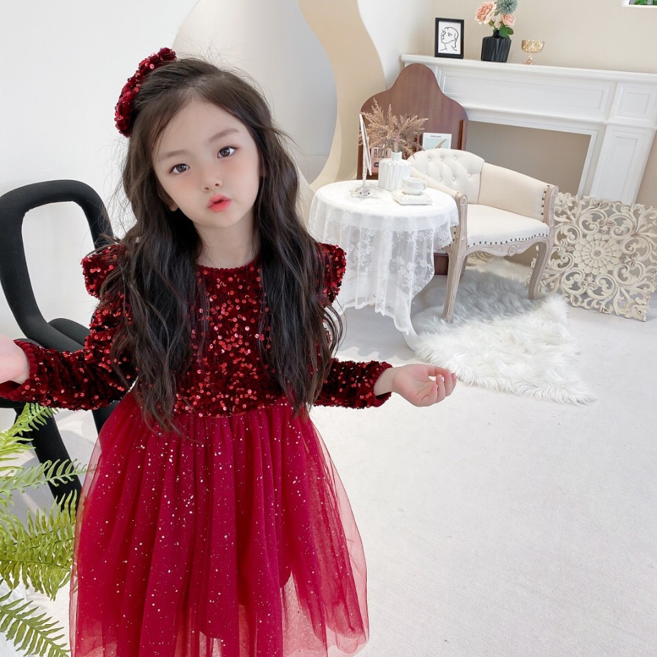 Đầm công chúa tay dài phối vải tuyn thời trang dự tiệc cưới/sinh nhật cho bé gái