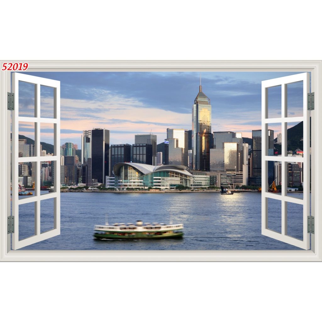 Tranh dán tường 3d hình cửa sổ chất liệu PP keo dán sẵn in sắc nét