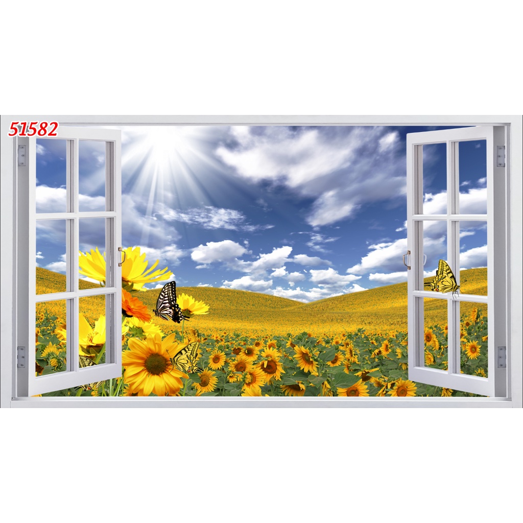 Tranh dán tường 3D khung cửa sổ thiên nhiên trong lành Vải Lụa 3D Cao Cấp